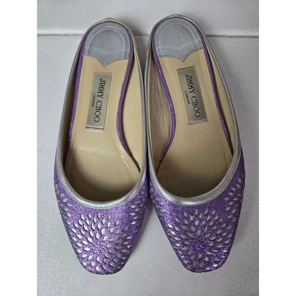 Jimmy Choo Slip On Backless Flats Silver Sparkle Designer 37 1/2 Floral Metalic - Picture 2 of 13